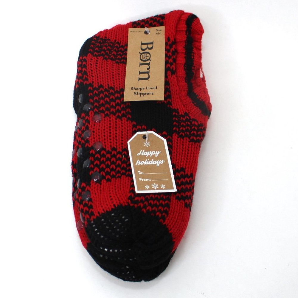 Born Sherpa Lined Bootie Slippers Red Black Plaid Non-Slip Soles M/L